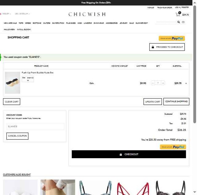 Chicwish checkout page showing Chicwish promo code box | Screenshot taken by SimplyCodes community member on Jul 25, 2025