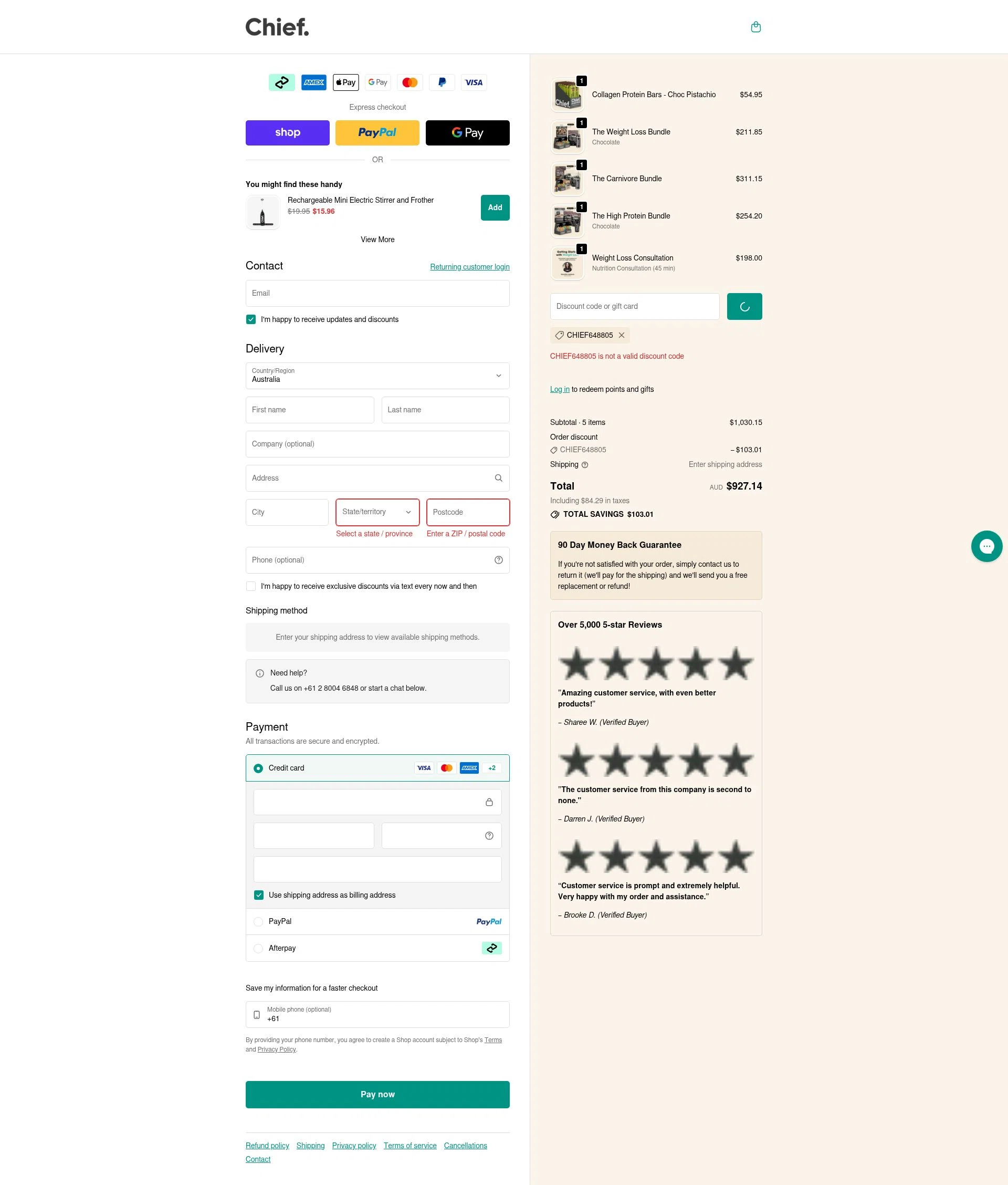 Chief Nutrition checkout page showing Chief Nutrition discount code box | Screenshot taken by SimplyCodes community member on Feb 5, 2026