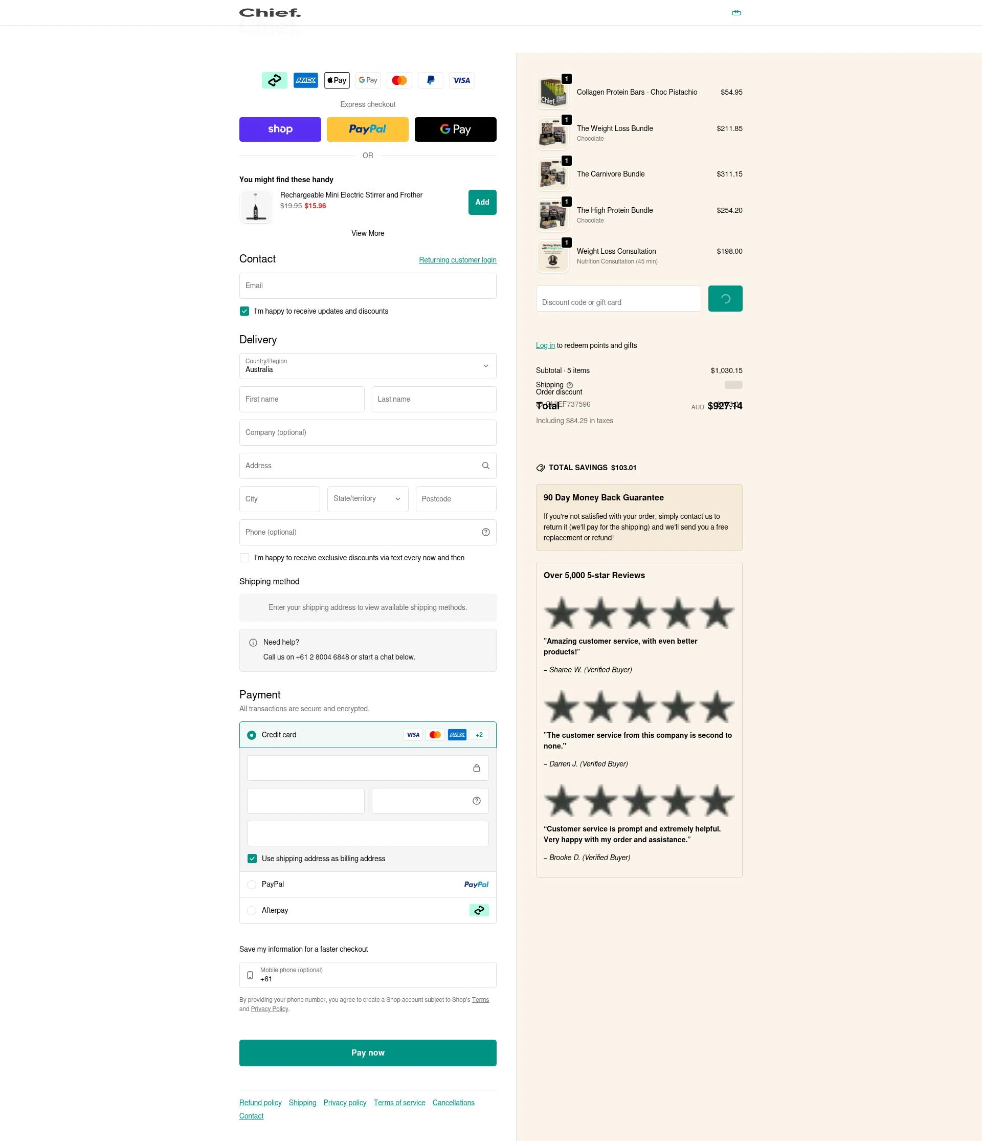 Chief Nutrition checkout page showing Chief Nutrition discount code box | Screenshot taken by SimplyCodes community member on Feb 5, 2026