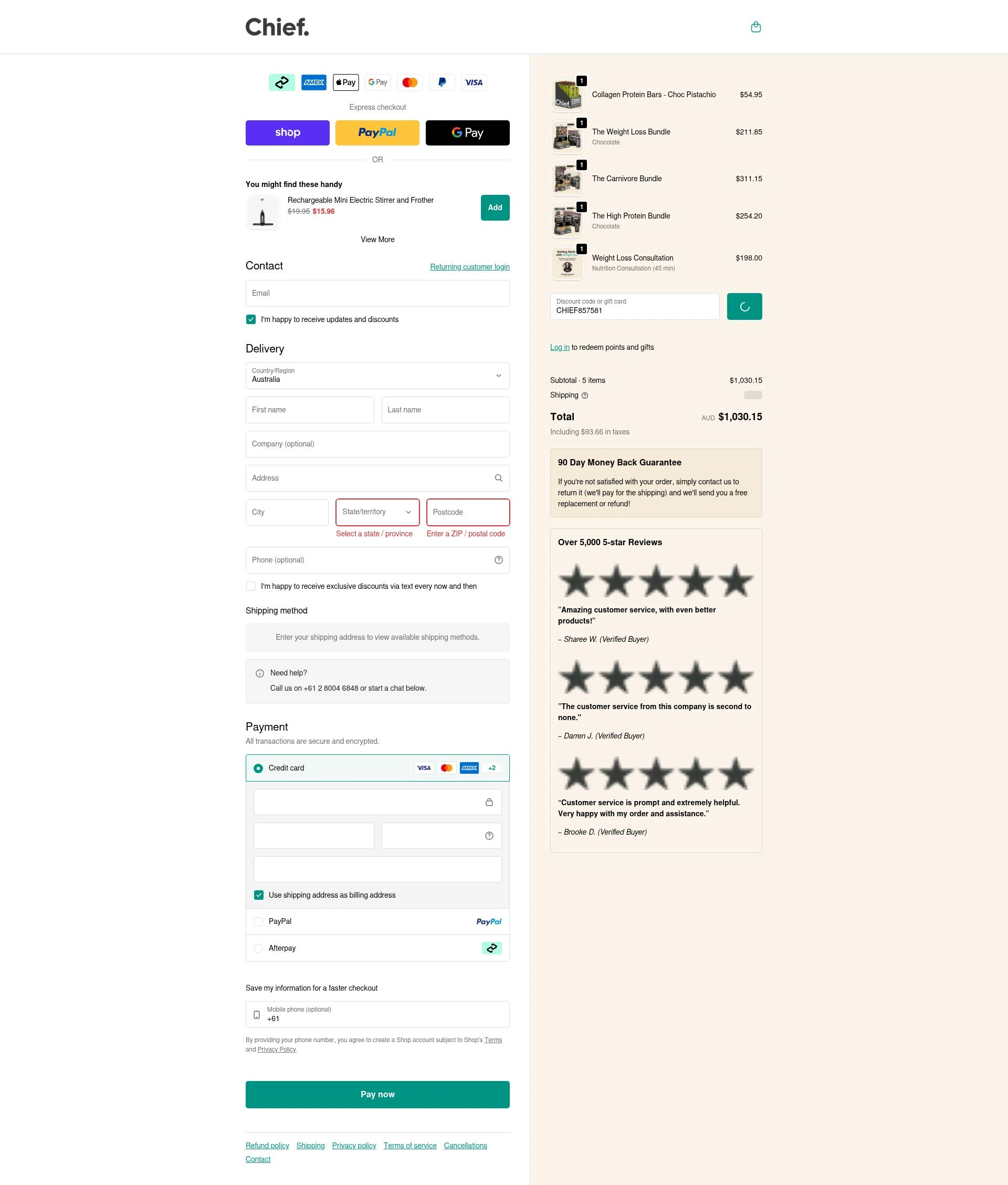 Chief Nutrition checkout page showing Chief Nutrition discount code box | Screenshot taken by SimplyCodes community member on Feb 5, 2026