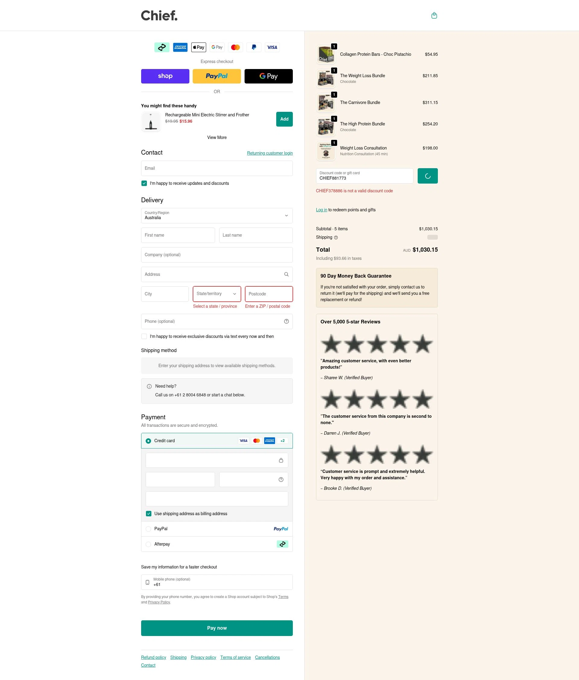 Chief Nutrition checkout page showing Chief Nutrition discount code box | Screenshot taken by SimplyCodes community member on Feb 5, 2026