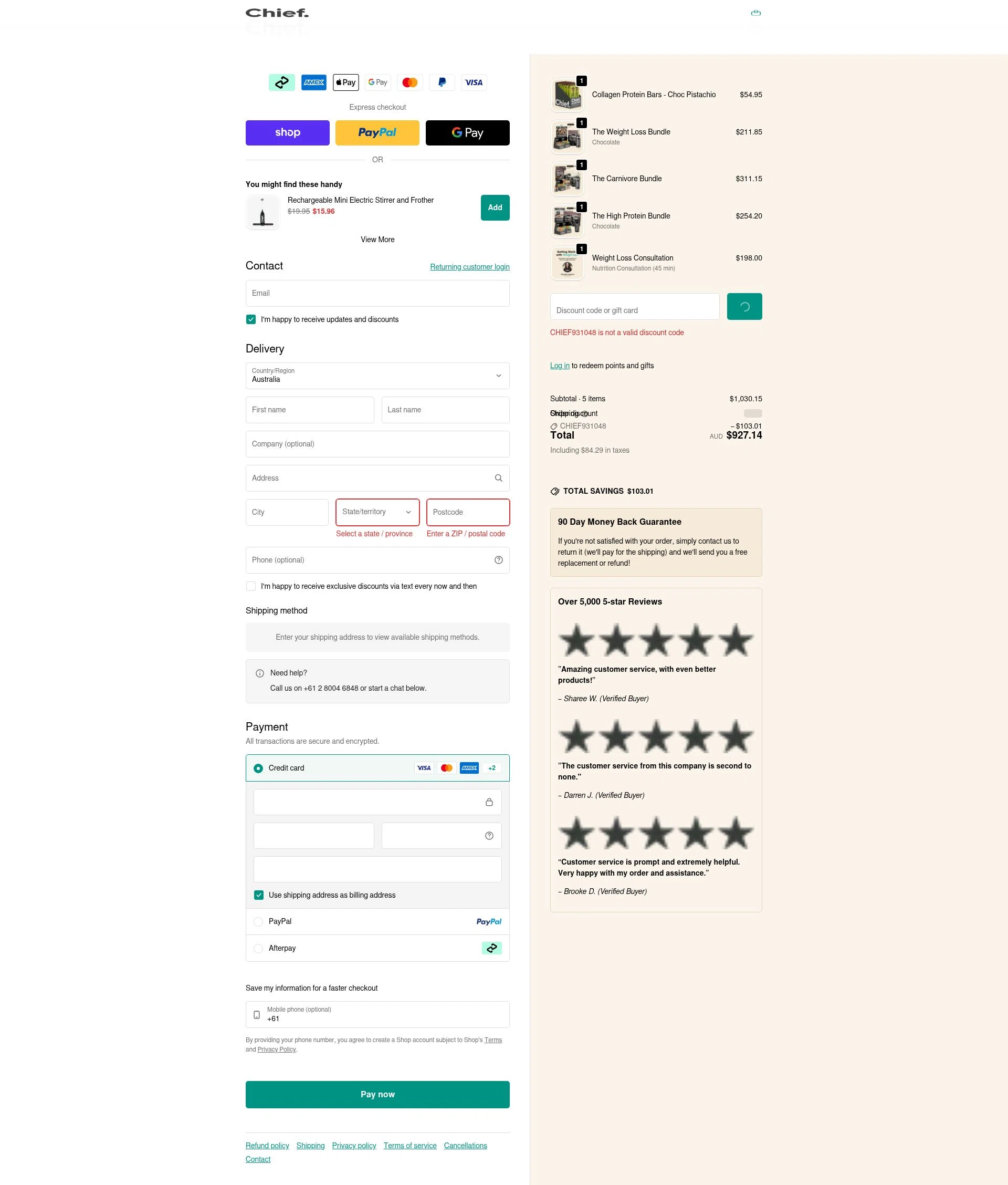 Chief Nutrition checkout page showing Chief Nutrition discount code box | Screenshot taken by SimplyCodes community member on Feb 5, 2026
