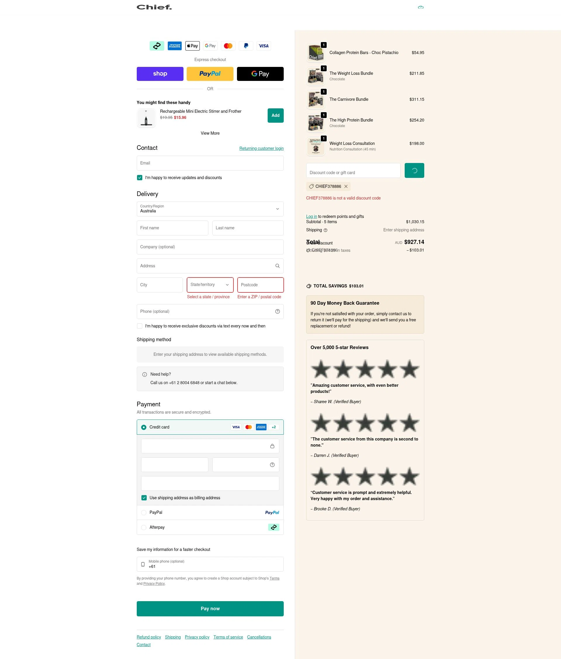 Chief Nutrition checkout page showing Chief Nutrition discount code box | Screenshot taken by SimplyCodes community member on Feb 5, 2026