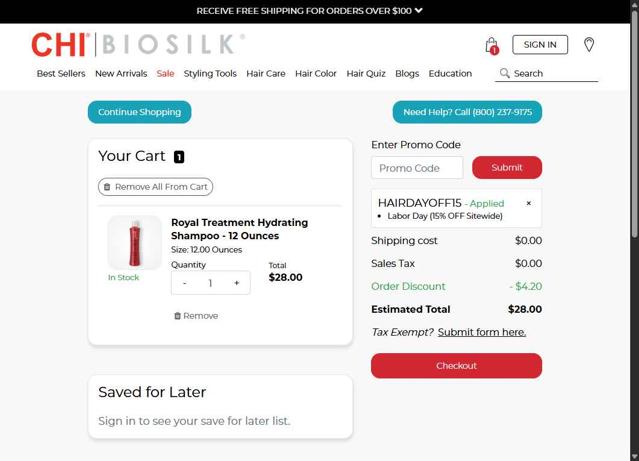 CHI checkout page showing CHI promo code box | Screenshot taken by SimplyCodes community member on Aug 28, 2025