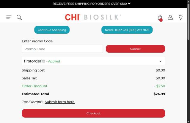 CHI checkout page showing CHI promo code box | Screenshot taken by SimplyCodes community member on Sep 9, 2025