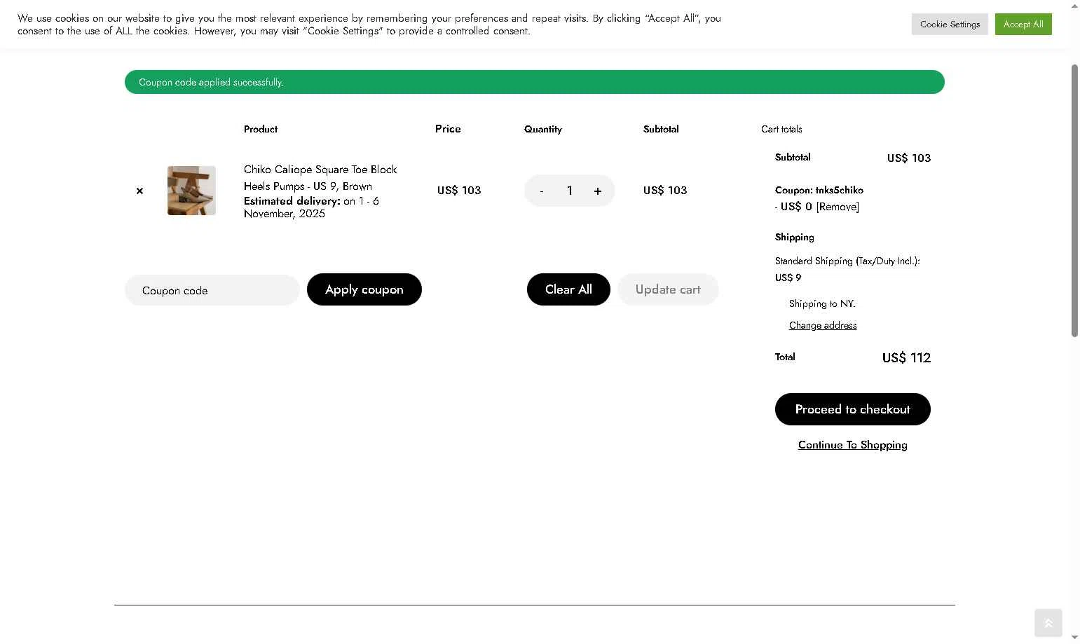 Chiko Shoes checkout page showing Chiko Shoes coupon code box | Screenshot taken by SimplyCodes community member on Oct 22, 2025