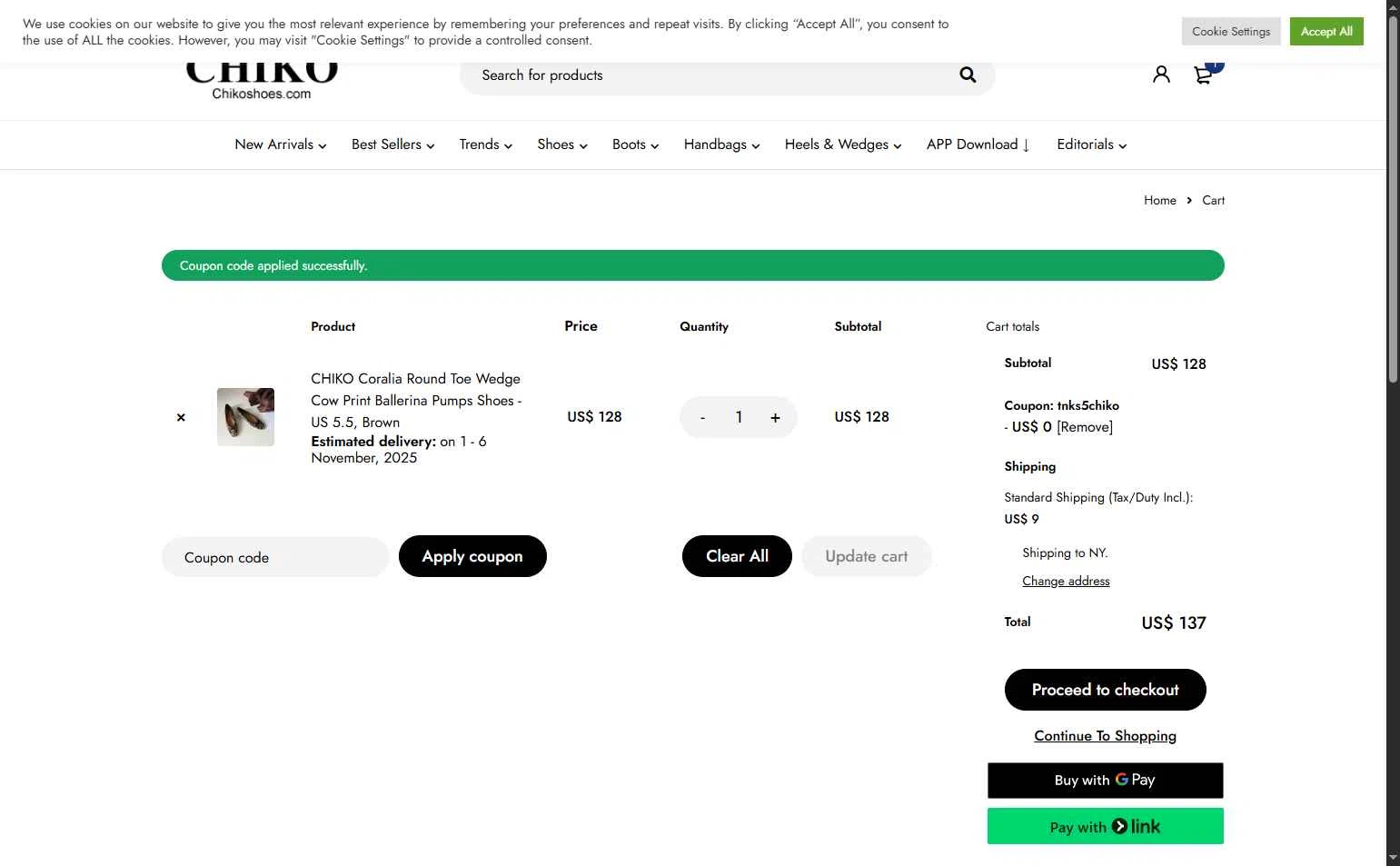 Chiko Shoes checkout page showing Chiko Shoes coupon code box | Screenshot taken by SimplyCodes community member on Oct 22, 2025