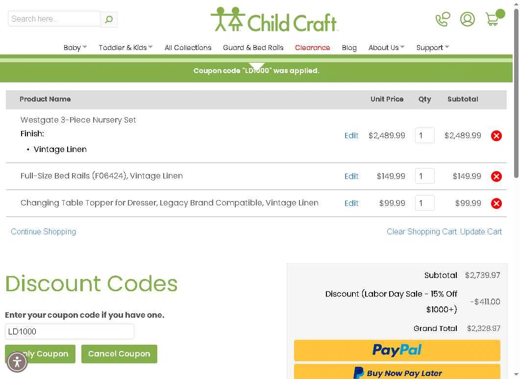 Child Craft checkout page showing Child Craft discount code box | Screenshot taken by SimplyCodes community member on Aug 22, 2025