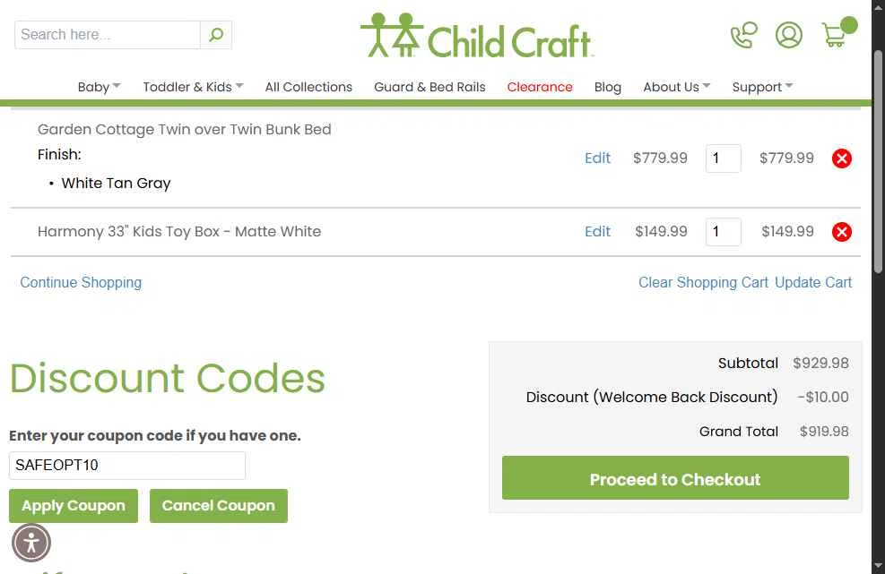 Child Craft checkout page showing Child Craft discount code box | Screenshot taken by SimplyCodes community member on Nov 4, 2025
