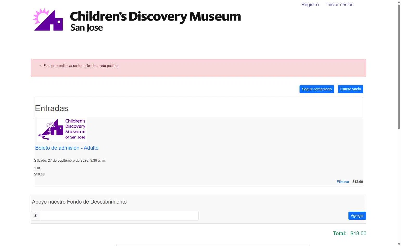Children's Discovery Museum of San Jose checkout page showing Children's Discovery Museum of San Jose promo code box | Screenshot taken by SimplyCodes community member on Sep 27, 2025