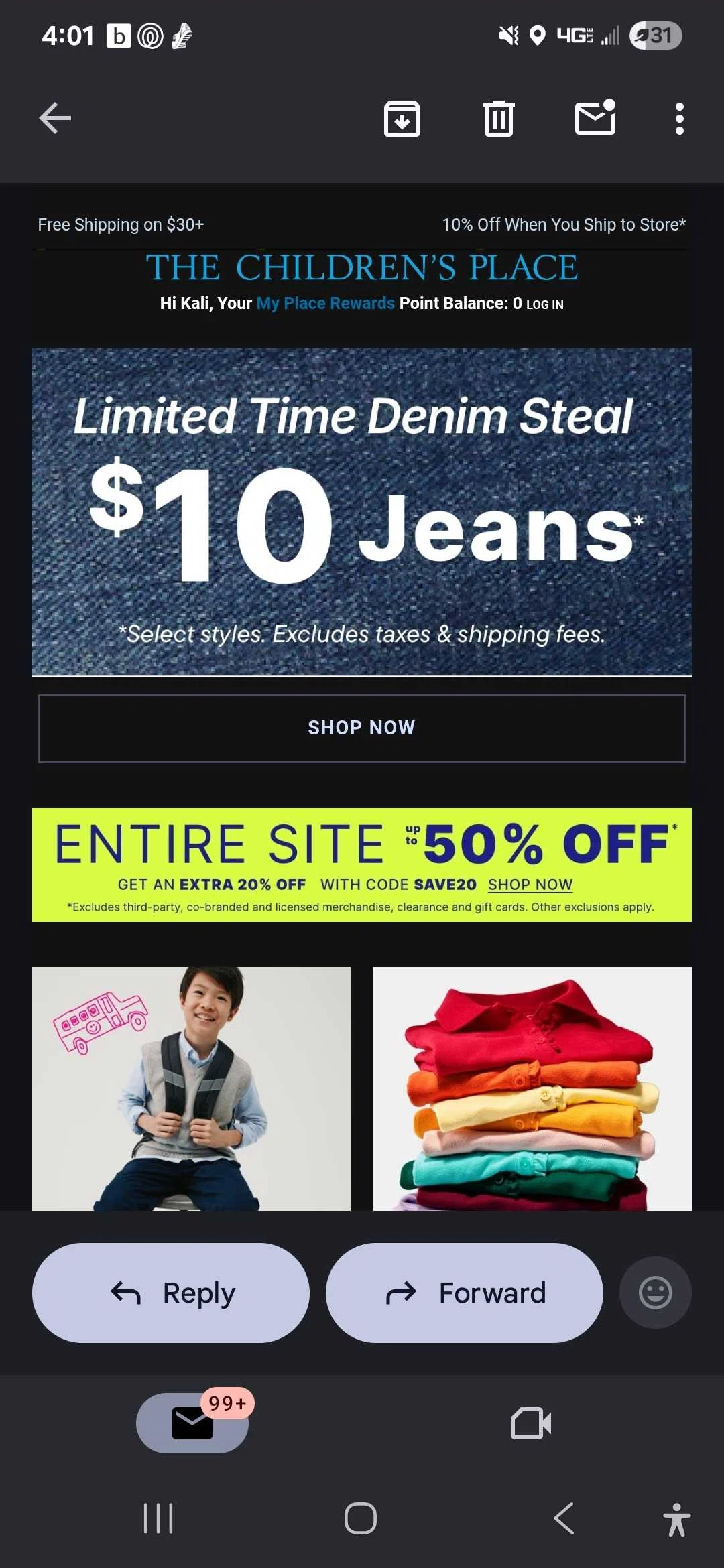 The Children's Place coupon code screenshot showing code SAVE20 applied at The Children's Place checkout page. Uploaded by SimplyCodes community member coder_dem on Aug 26, 2025