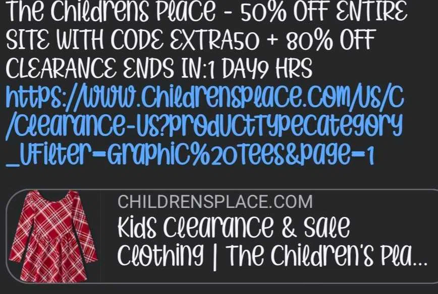 The Children's Place coupon code screenshot showing code EXTRA50 applied at The Children's Place checkout page. Uploaded by SimplyCodes community member Woahhitsmexo on Feb 3, 2026