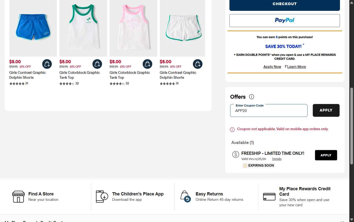 Verification screenshot for 20% Off Clearance with The Children's Place's Mobile App at The Children's Place - 17d ago