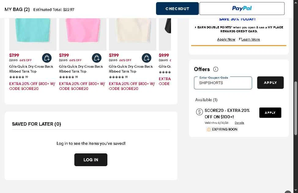 Verification screenshot for 60% Off All Shorts at The Children's Place — 7d ago