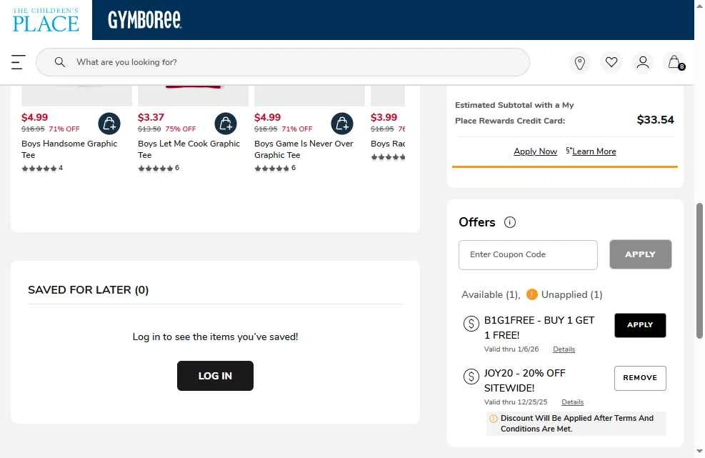 The Children's Place checkout page showing The Children's Place coupon code box | Screenshot taken by SimplyCodes community member on Dec 24, 2025