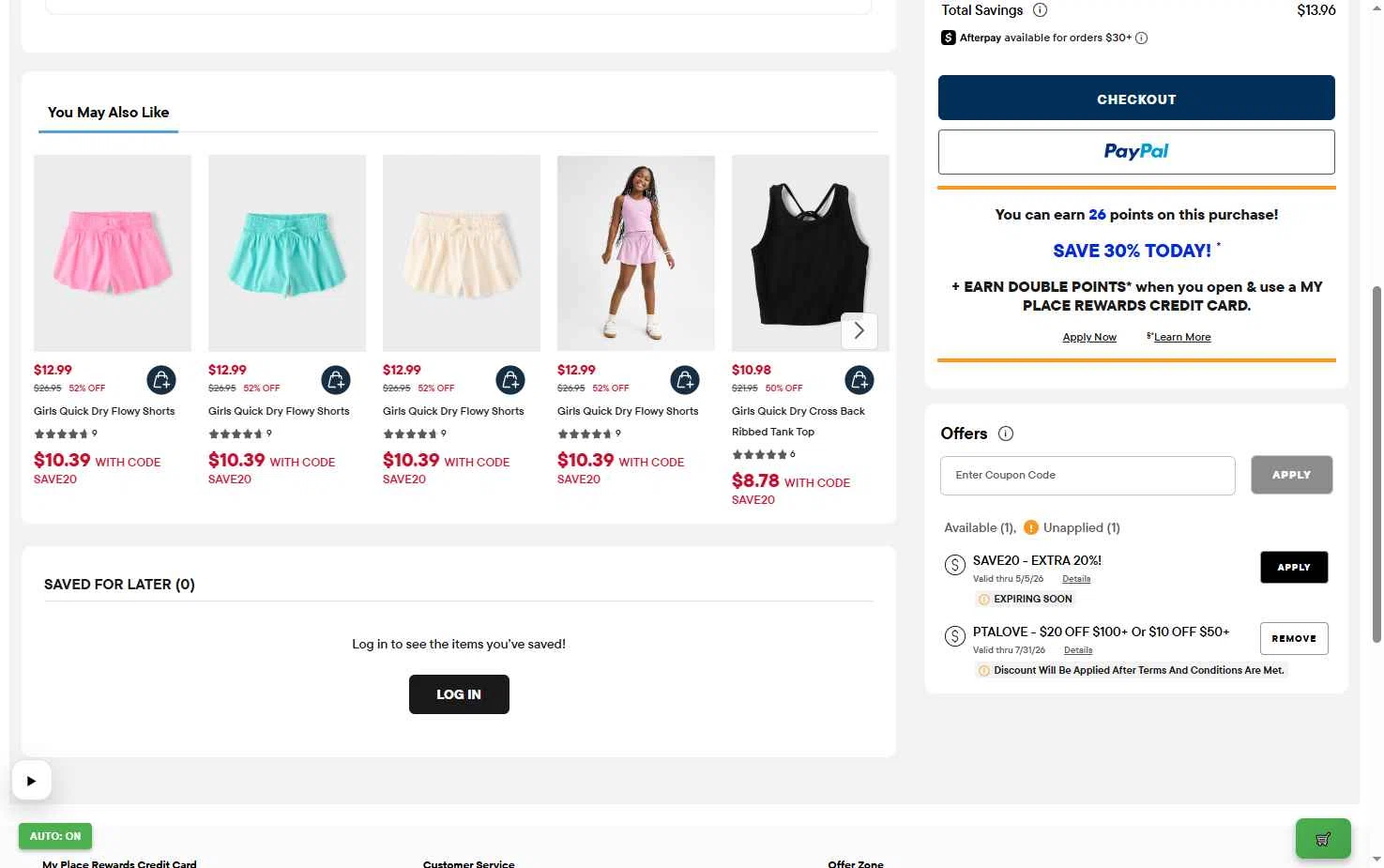 Verification screenshot for Up to 20 Dollars Storewide (minimum Order $50) at The Children's Place — 52d ago