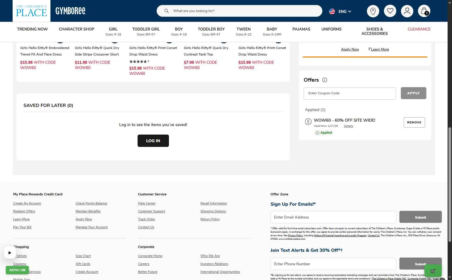 The Children's Place checkout page showing The Children's Place coupon code box | Screenshot taken by SimplyCodes community member on Jan 26, 2026