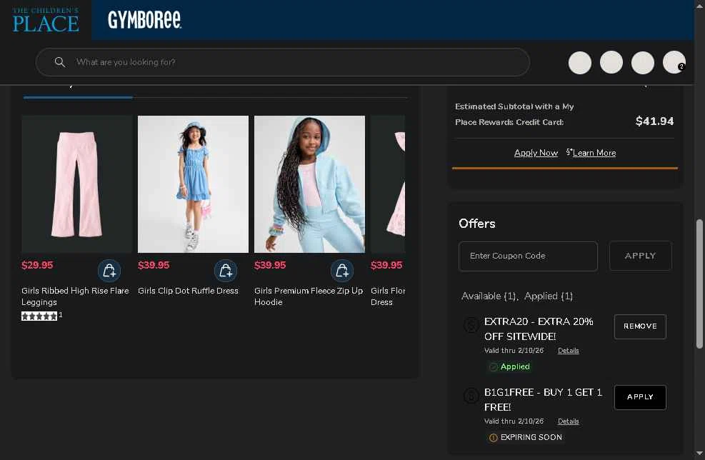 The Children's Place checkout page showing The Children's Place coupon code box | Screenshot taken by SimplyCodes community member on Feb 4, 2026