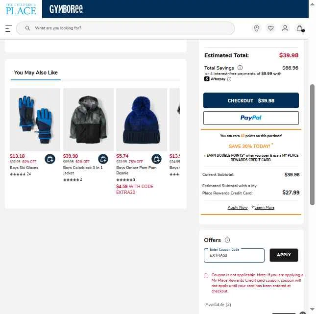 The Children's Place checkout page showing The Children's Place coupon code box | Screenshot taken by SimplyCodes community member on Feb 16, 2026