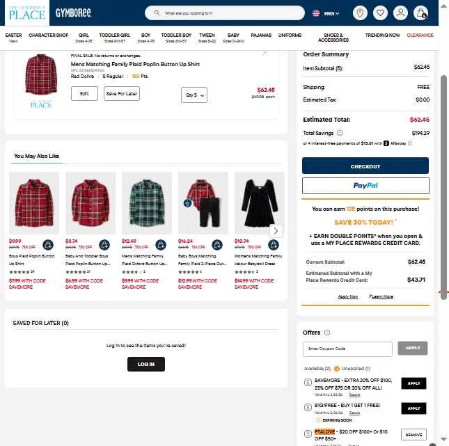 The Children's Place checkout page showing The Children's Place coupon code box | Screenshot taken by SimplyCodes community member on Feb 19, 2026