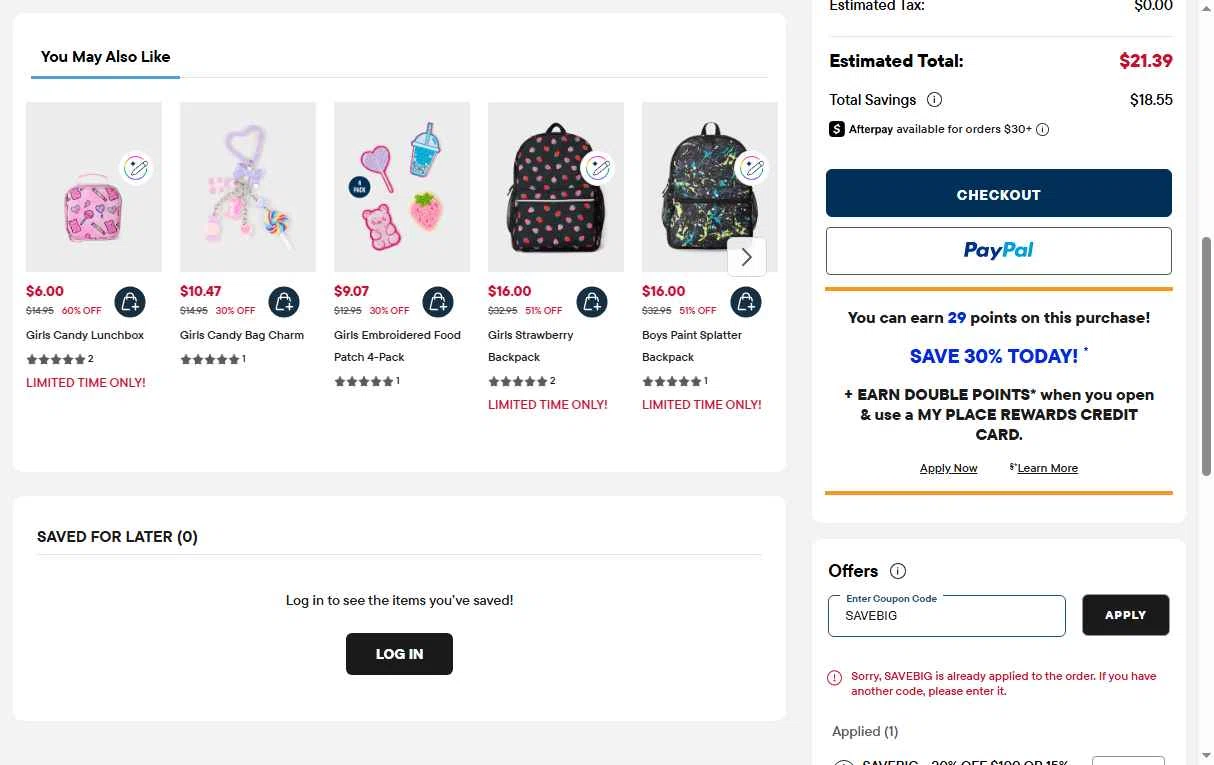 Verification screenshot for Save up to 20 Percent Off Storewide (minimum Order $100) at The Children's Place - 5d ago