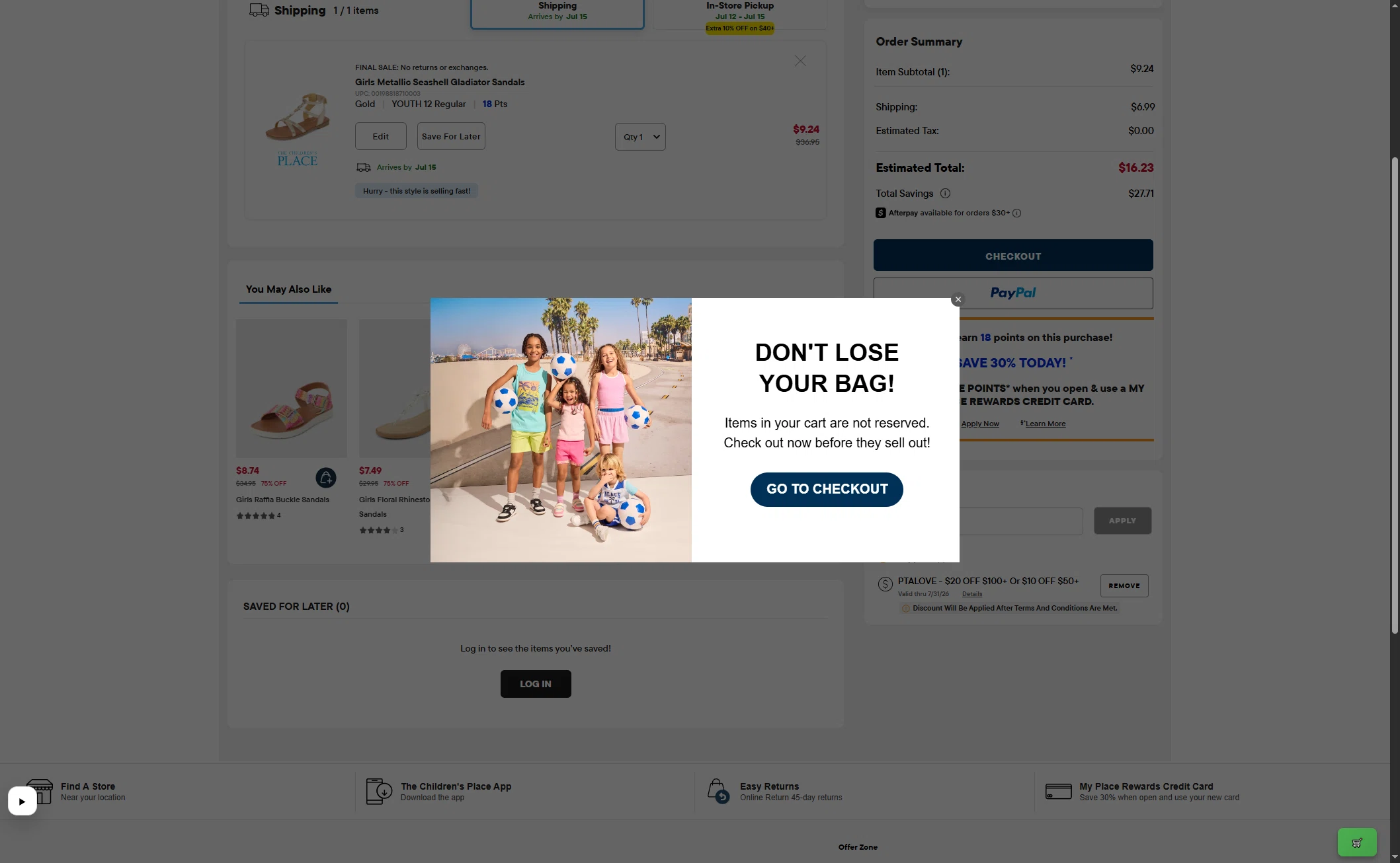 Verification screenshot for Up to 20 Dollars Storewide at The Children's Place - 6d ago