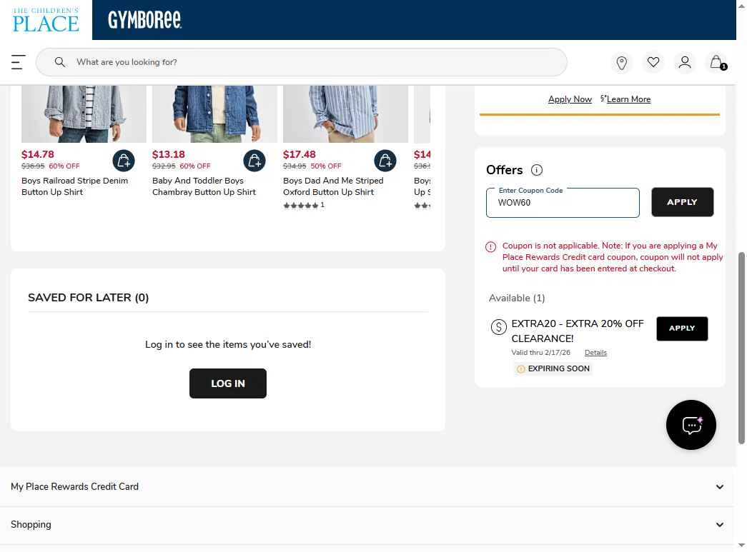 The Children's Place checkout page showing The Children's Place coupon code box | Screenshot taken by SimplyCodes community member on Feb 17, 2026