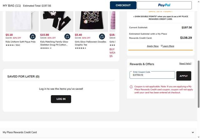 The Children's Place checkout page showing The Children's Place coupon code box | Screenshot taken by SimplyCodes community member on Sep 21, 2025