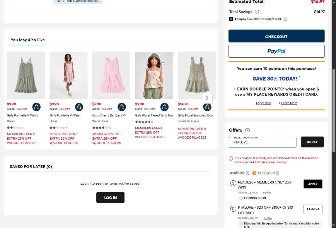 Verification screenshot for Up to 20 Dollars Storewide (minimum Order $50) at The Children's Place — 19d ago