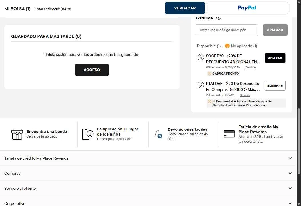 Verification screenshot for Up to 20 Dollars Storewide (minimum Order $50) at The Children's Place — 8d ago