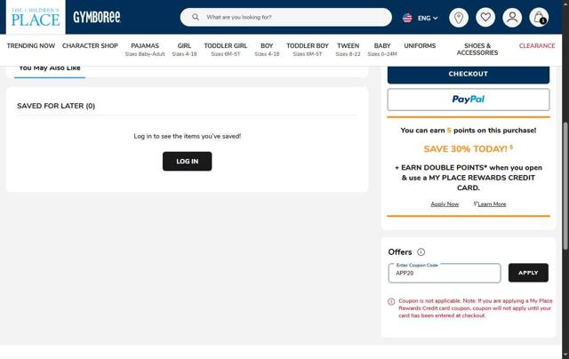 The Children's Place checkout page showing The Children's Place coupon code box | Screenshot taken by SimplyCodes community member on Sep 29, 2025