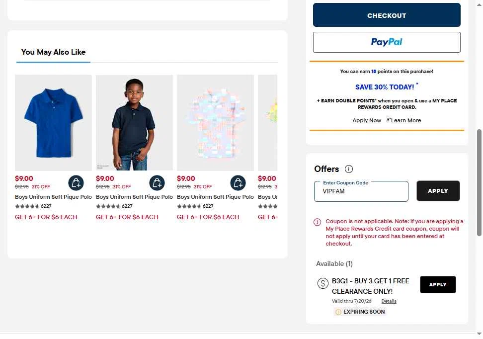 Verification screenshot for 20% Off Select Items at The Children's Place - 13d ago