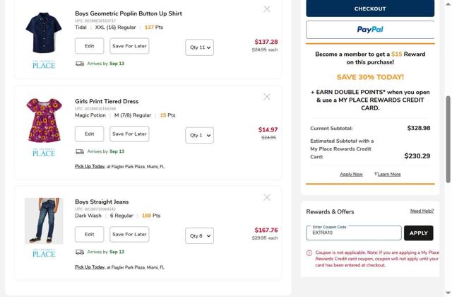The Children's Place checkout page showing The Children's Place coupon code box | Screenshot taken by SimplyCodes community member on Sep 7, 2025
