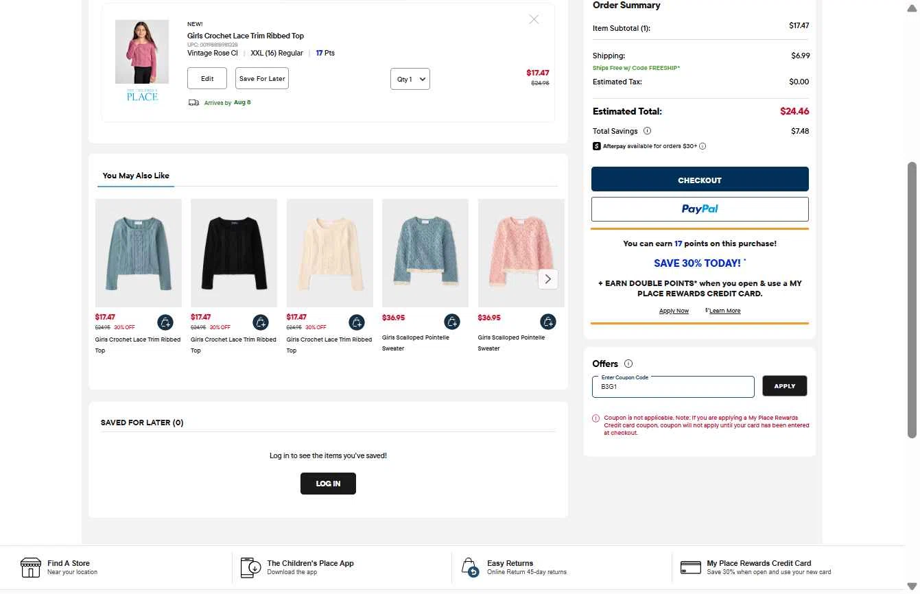 Verification screenshot for Buy 3 Get 1 Free on Clearance Items (must Order 4) at the Children's Place Clearance Items at The Children's Place - 4d ago