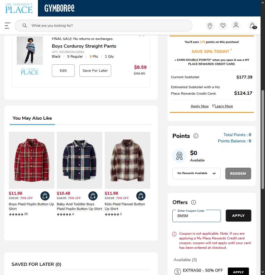The Children's Place checkout page showing The Children's Place coupon code box | Screenshot taken by SimplyCodes community member on Jan 31, 2026
