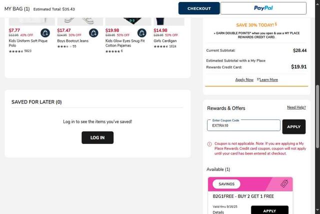 The Children's Place checkout page showing The Children's Place coupon code box | Screenshot taken by SimplyCodes community member on Sep 10, 2025