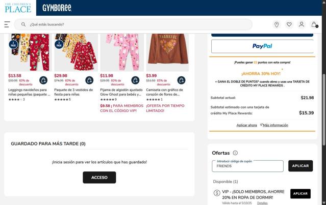 The Children's Place checkout page showing The Children's Place coupon code box | Screenshot taken by SimplyCodes community member on Oct 5, 2025