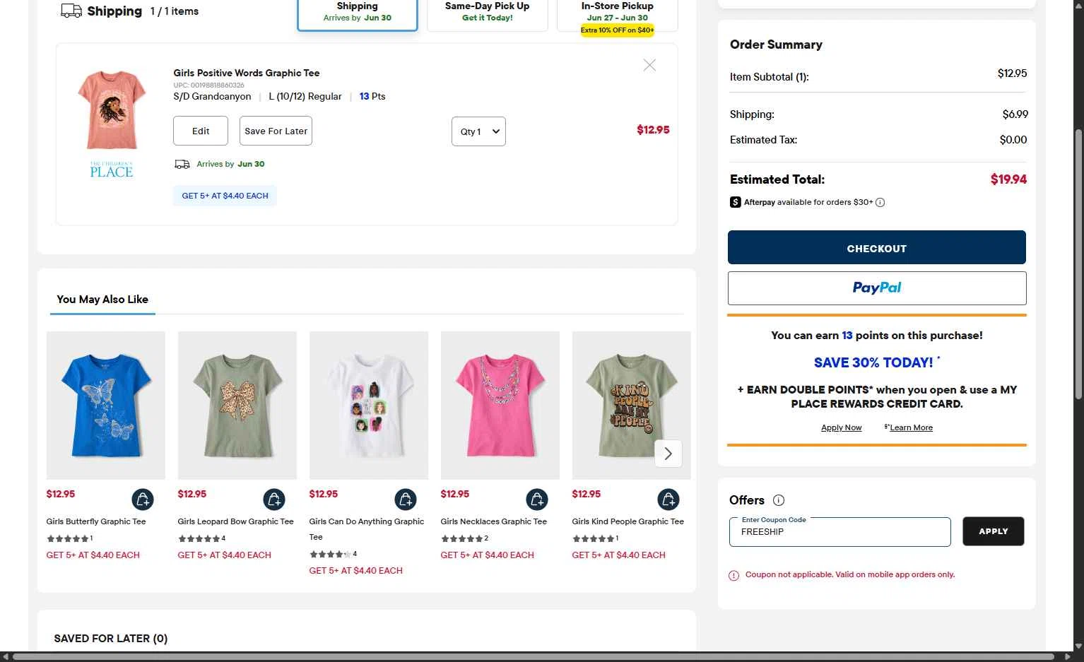 Verification screenshot for Free Shipping Storewide at The Children's Place - 21d ago