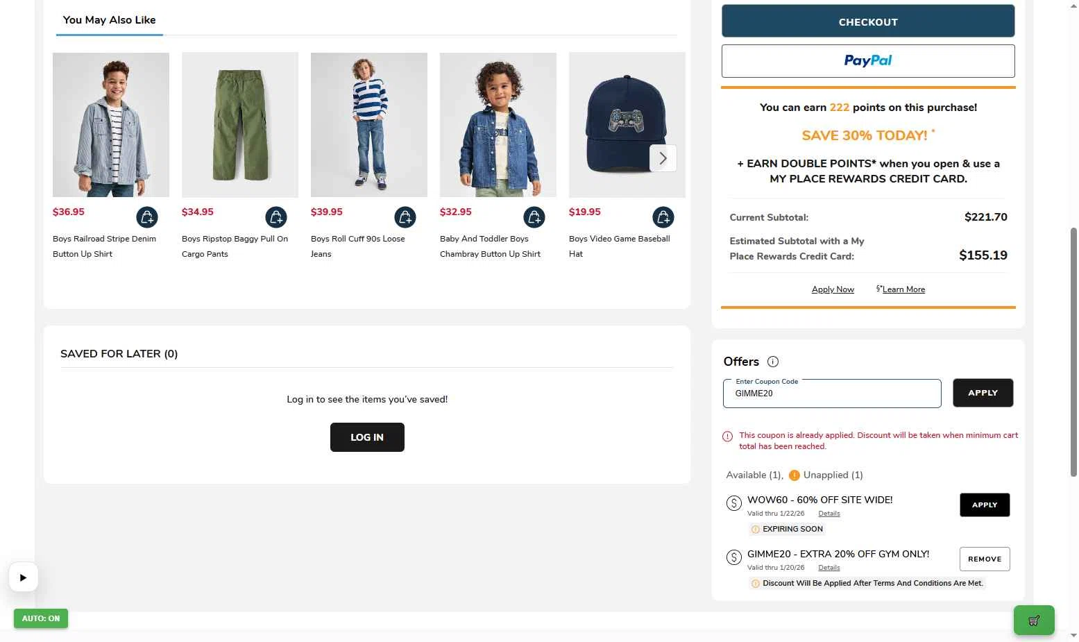 The Children's Place checkout page showing The Children's Place coupon code box | Screenshot taken by SimplyCodes community member on Jan 16, 2026