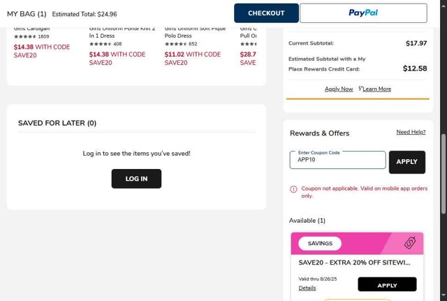 The Children's Place checkout page showing The Children's Place coupon code box | Screenshot taken by SimplyCodes community member on Aug 22, 2025
