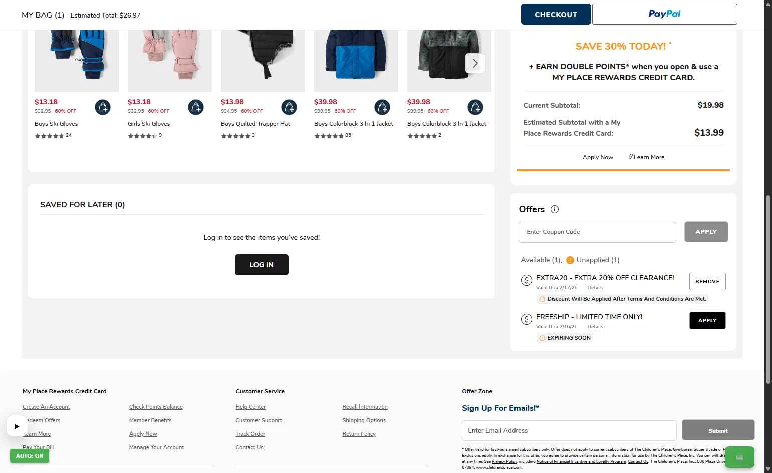 The Children's Place checkout page showing The Children's Place coupon code box | Screenshot taken by SimplyCodes community member on Feb 16, 2026