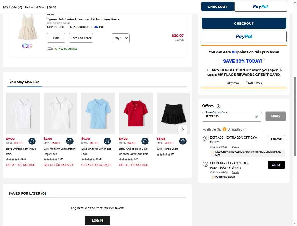 Verification screenshot for 20% Off Select Styles (minimum Order $60) at The Children's Place - 17h ago