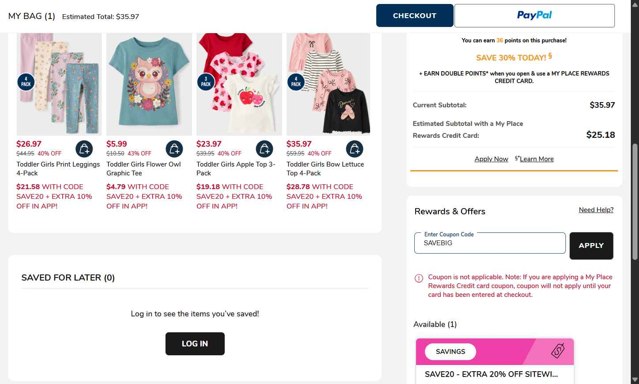 The Children's Place checkout page showing The Children's Place coupon code box | Screenshot taken by SimplyCodes community member on Aug 16, 2025