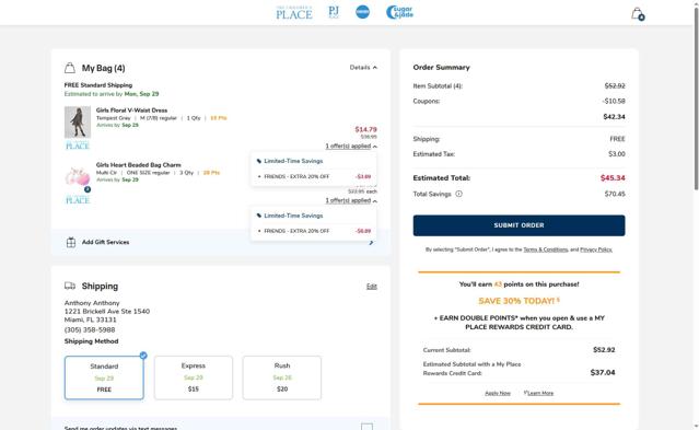 The Children's Place checkout page showing The Children's Place coupon code box | Screenshot taken by SimplyCodes community member on Sep 24, 2025