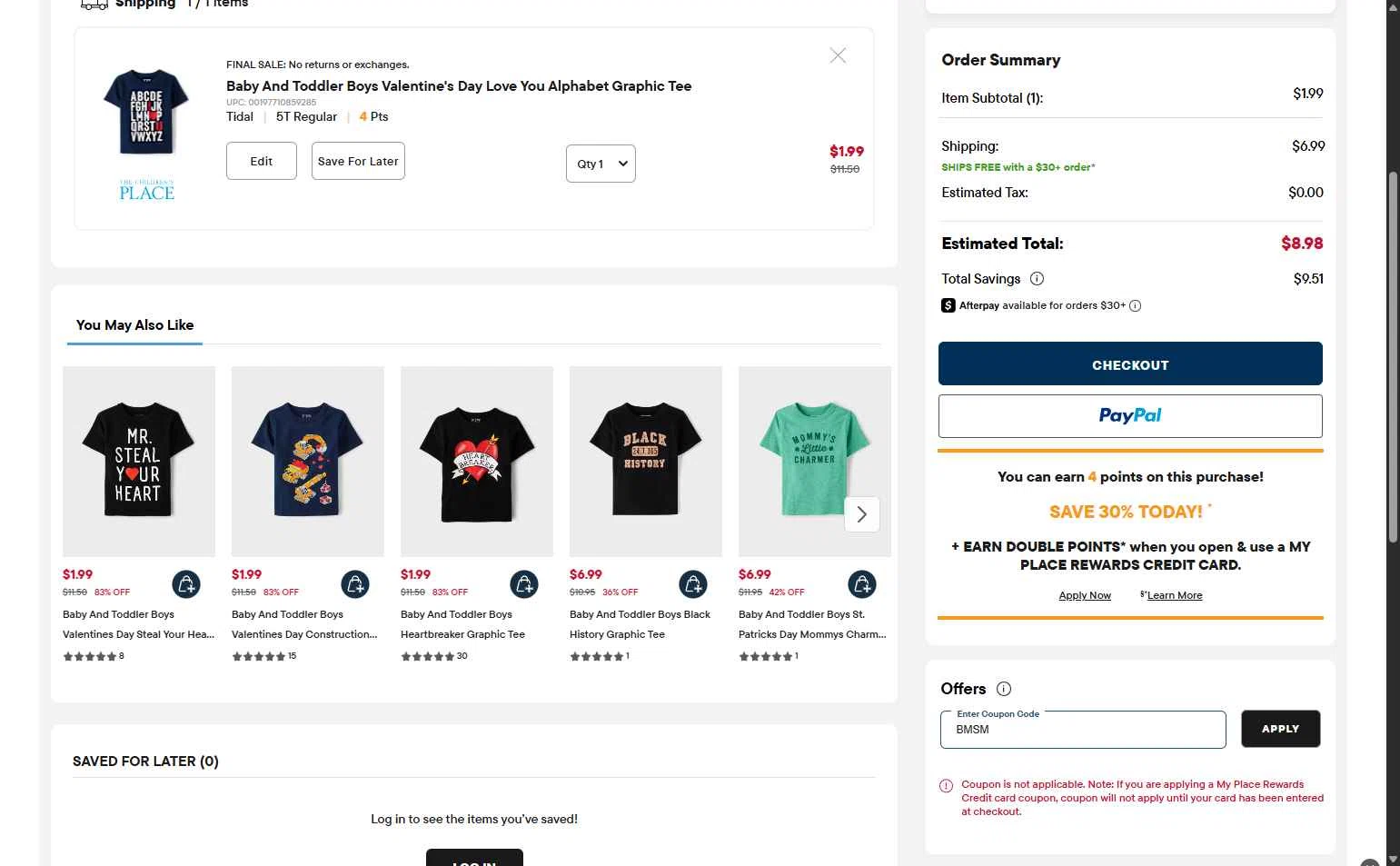 The Children's Place checkout page showing The Children's Place coupon code box | Screenshot taken by SimplyCodes community member on Feb 11, 2026