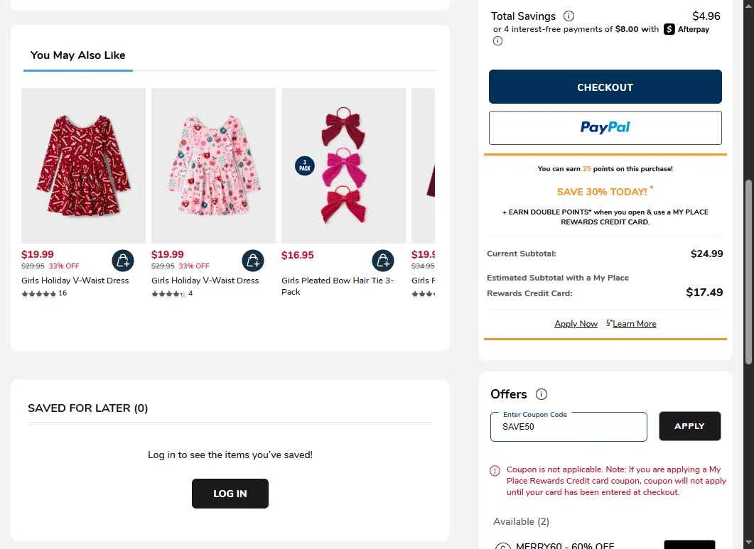 The Children's Place checkout page showing The Children's Place coupon code box | Screenshot taken by SimplyCodes community member on Dec 14, 2025