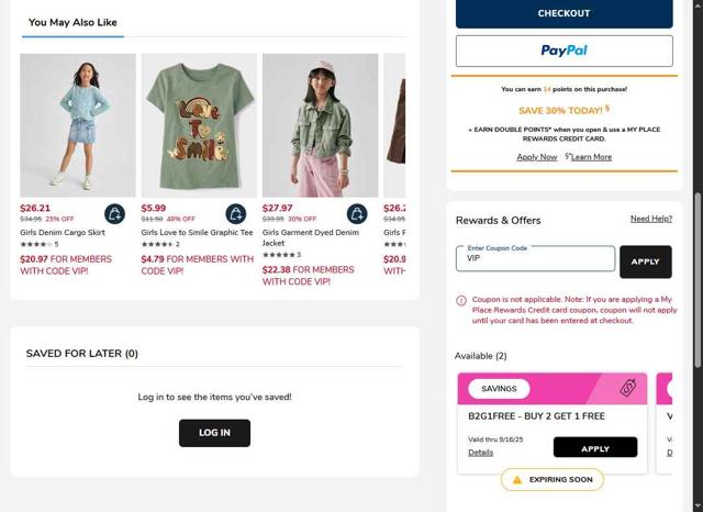 The Children's Place checkout page showing The Children's Place coupon code box | Screenshot taken by SimplyCodes community member on Sep 14, 2025