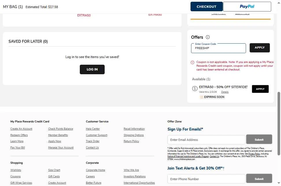 The Children's Place checkout page showing The Children's Place coupon code box | Screenshot taken by SimplyCodes community member on Feb 3, 2026