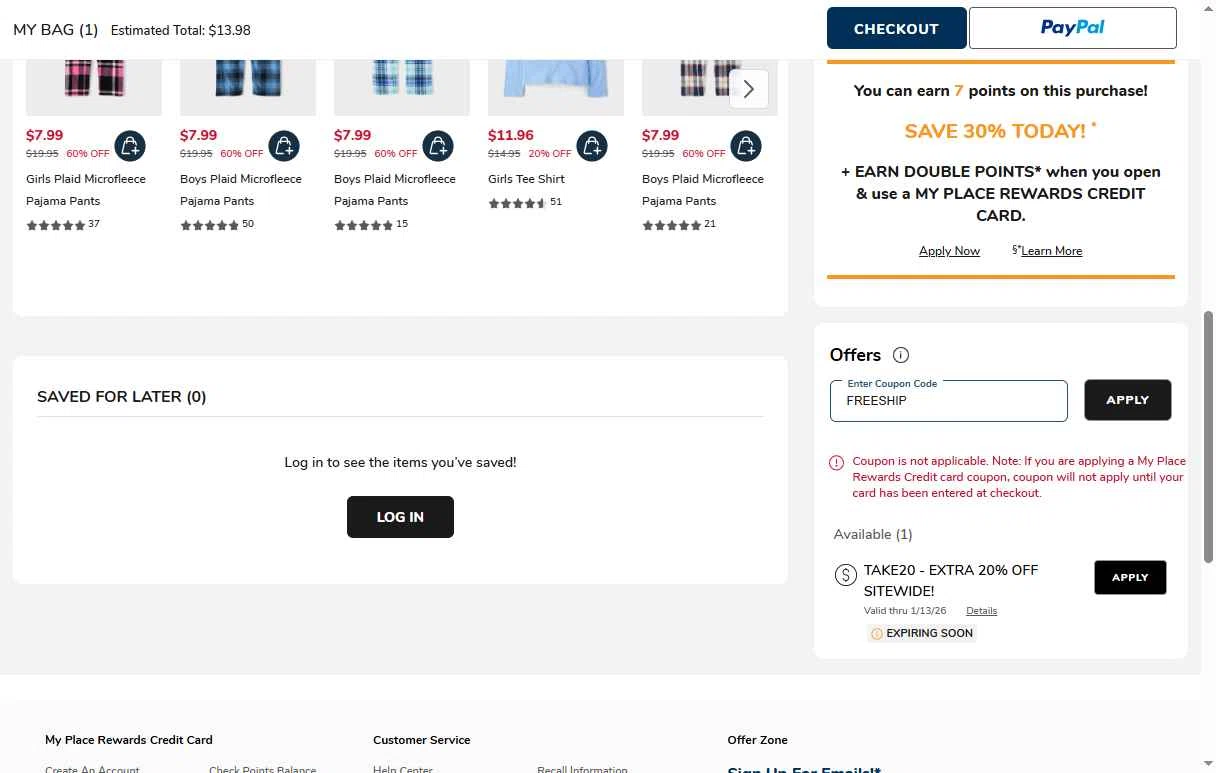 The Children's Place checkout page showing The Children's Place coupon code box | Screenshot taken by SimplyCodes community member on Jan 11, 2026