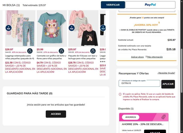 The Children's Place checkout page showing The Children's Place coupon code box | Screenshot taken by SimplyCodes community member on Aug 18, 2025